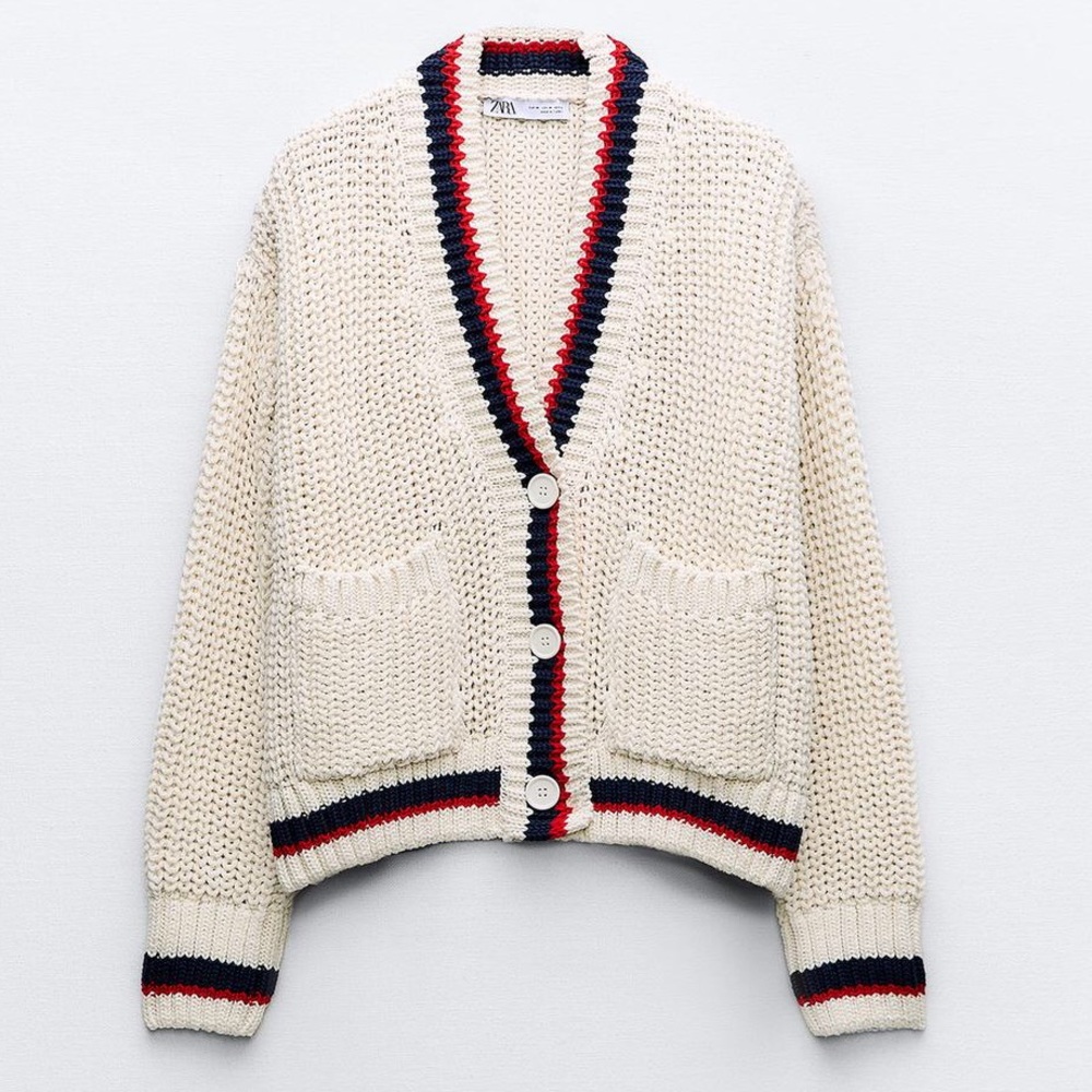 🔥 FINAL SALE $35 Zara Varsity Collegiate Chunky Loop Knit Cream Cardigan Sweater - Picture 2 of 15